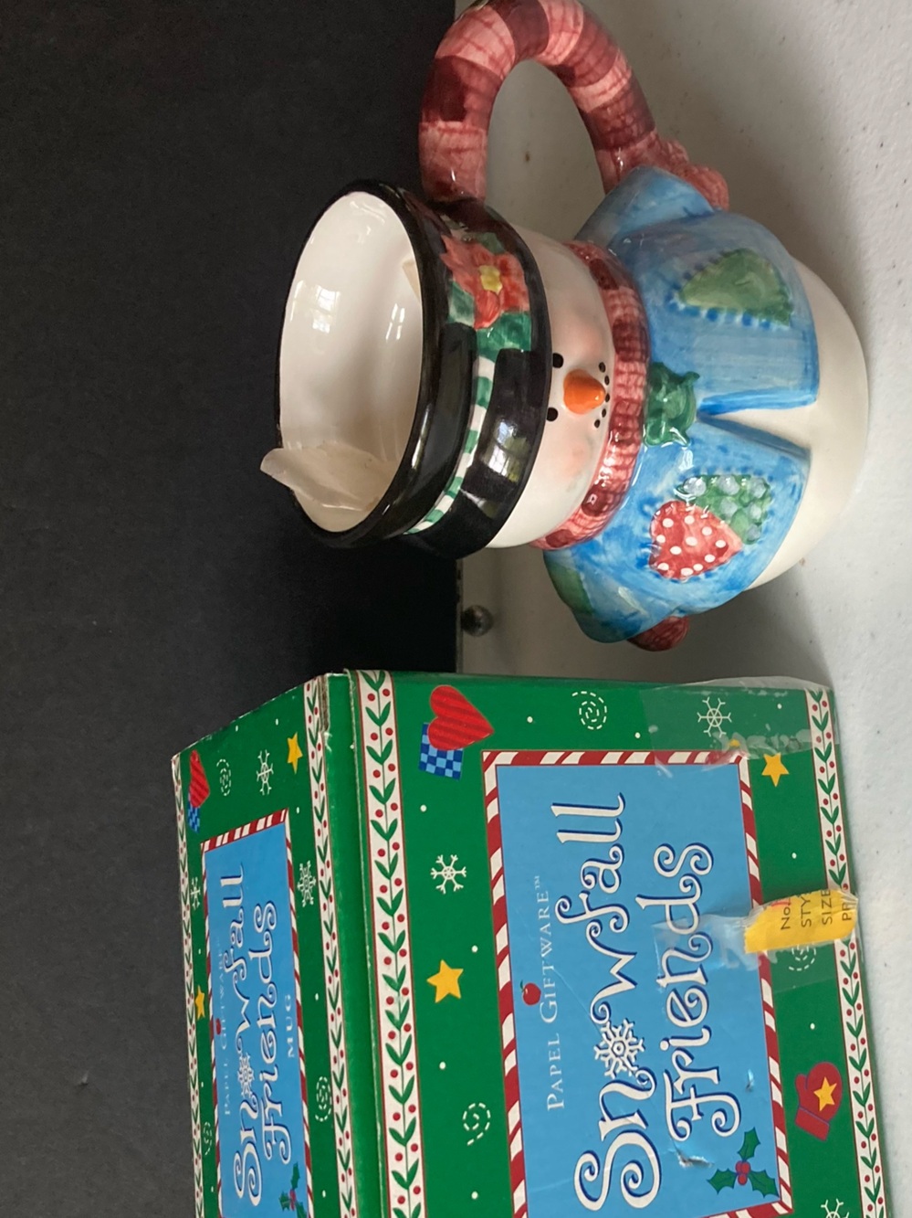 Christmas Snowman Mug Hot Chocolate Coffee Cup in Blue and White Ceramic NOS
